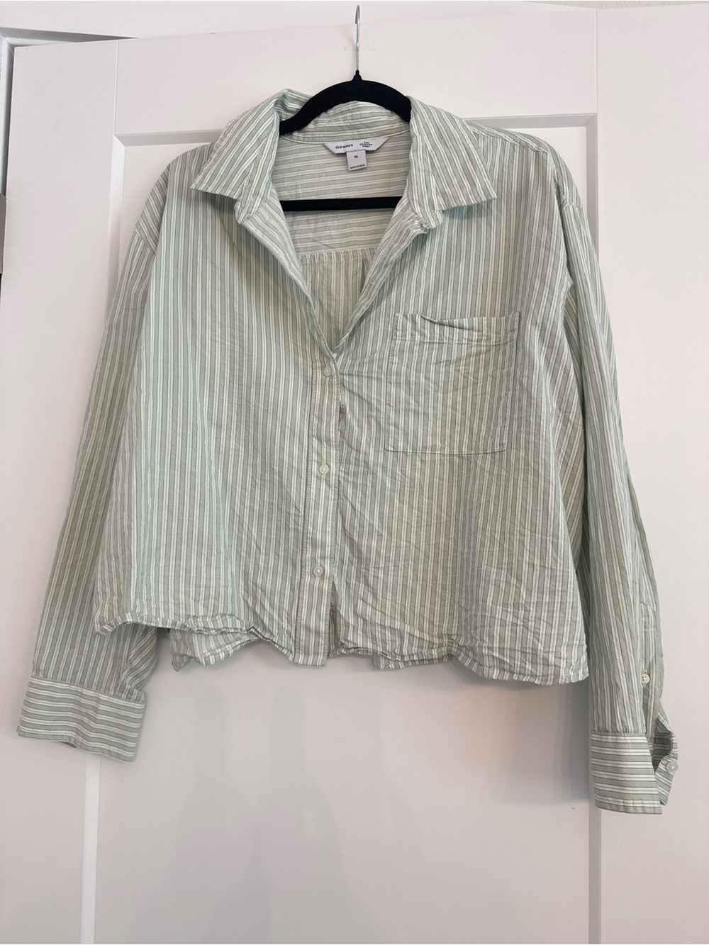 Old Navy The Cropped Shirt Sage Green Striped Button Down Size XL